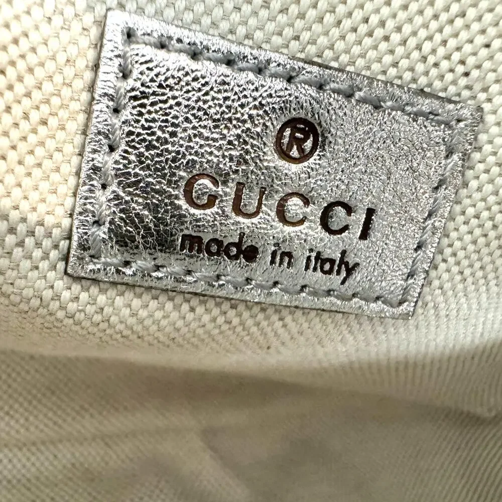 GUCCI Silver Leather GG Logo Oval Blondie Crossbody Bag Metallic Stripe Handbag